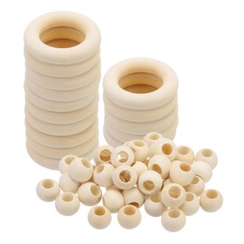 PATIKIL Natural Wood Rings and Unfinished Wooden Beads Set, 15Pcs 50mm Wood Hoop & 30Pcs 20mm Wood Color Round Loose Beads for DIY Pendant Connectors Jewelry Making Macrame Wall