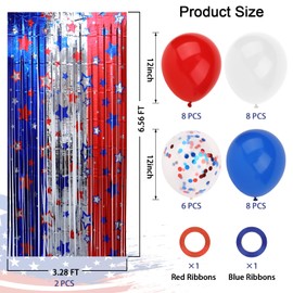 CIEHER 33PCS 4th of July Decorations Set - 30 Balloons, 2 Star - Shaped Tinsel Foil Fringe Curtains & 1 Striped Star - Patterned Tablecloth, Red White and Blue Decorations