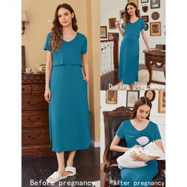 Ekouaer Women's Nursing Dress Summer Short Sleeve Maternity Split Long Dresses for Breastfeeding with Pockets Teal M