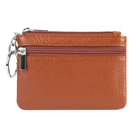 Women Genuine Leather Keychain Zipper Change Wallet Small Mini Pocket Size Coin Purse, Brown
