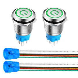 Gebildet 0.63''/16mm Stainless Steel Latching Push Button Switch 12V-24V/5A Power Symbol LED 1NO1NC SPDT ON Off Waterproof Toggle Switch with Wire Socket Plug (Green LED)