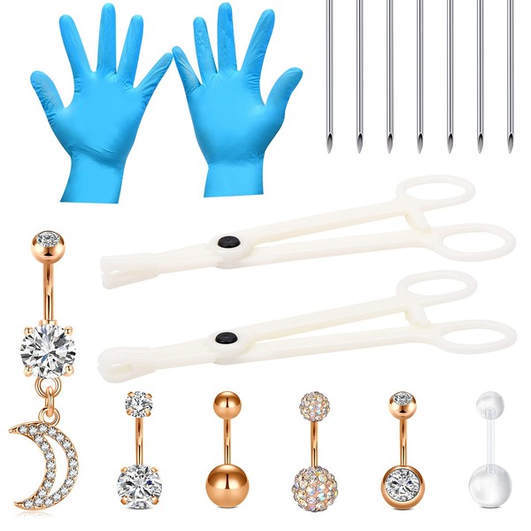 JIESIBAO 16PCS Belly Button Piercing Kit,14G Body Piercing Needles Disposable Piercing Clamps Set wth 316L Stainless Steel Rose Gold Belly Button Ring for Belly Piercing