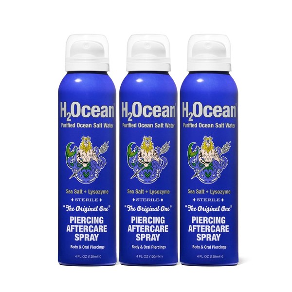 H2Ocean Piercing Aftercare Spray, 4oz Set of 3 Sea Salt Keloid & Bump Treatment, Wound Care Spray Wound Wash For Ear, Nose, Naval, Oral Body Piercings