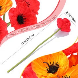 Artificial Poppy with Black Center Faux Poppy Anemones Fake Poppies Flower Arrangement for Floral Wedding Party Table Centerpieces Vase Bouquet Room Decor (Red, Orange,14 Pieces)