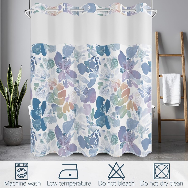 NAEMBCU Boho Floral No Hook Shower Curtain with Snap in