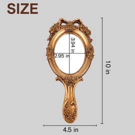 Nerien Espejo de mano clásico, espejo de maquillaje con asa, espejo de mano antiguo en relieve rosa princesa para mujeres, paquete de viaje portátil, espejos compactos, espejos decorativos con mango