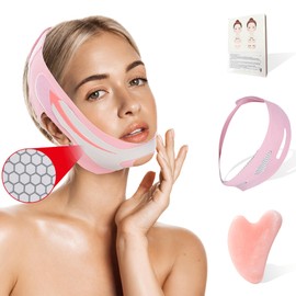 2 in 1 Double Chin Set V Line Mask-Chin Strap for Chin for Women and Gua Sha Facial Tool Double Chin Mask Updated Beauty Face Sculpting Sleep Mask Guasha Facial and Body Massager, Pink