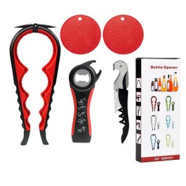 5-in-1 Multi-Function Jar & Bottle Opener Kit for Weak Hands - Non-Slip Food-Grade Silicone Gripper Pad, Ergonomic Can Opener & Wine Corkscrew - Assistive Kitchen Tool for Elderly & Arthritic Hands