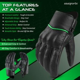 aaasportx Motorcycle Gloves Men's Leather Motorbike Gloves Touchscreen Function - Protectors Motorcycle Gloves Men & Women Motorcycle Gloves with Non-Slip Pads (Perforated,Black Green, Large)