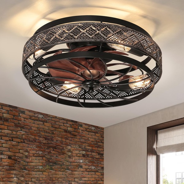 SHIHOT Low Profile Caged Ceiling Fans with Lights and Remote, Flush Mount Ceiling Fan with Light, Bedroom Fan, Small Industrial Black Ceiling Light Fixture, Reversible(Bulbs not Included)