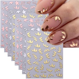 8 Sheets Flower Nail Stickers for Nail Art, 3D Self-Adhesive Bronzing Flowers Nail Decal Gold Silver Flowers Leaves Nail Design Nail Art Stickers Spring and Summer Nail DIY Decorations for Women