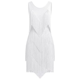 Rhinestones Layered Fringe Dress Ballroom Latin Dance Dress for Women Competition Tiered Tassel Flapper Dresses Sleeveless 1920s Gatsby Party Salsa Tango Performance Dancing Costume Outfit White S