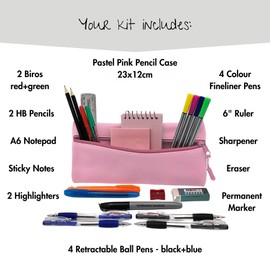 Pre Filled Pencil Case with Stationery Included | Stationary Kit | Mini Stationery Set for Office, Home or School (Pastel Pink Scuba Pencil Case)