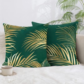 Bonhause Gold Leaves Cushion Covers 45 x 45 cm Gold Foil Printing Decorative Green Throw Pillow Covers Soft Velvet Pillowcases for Sofa Couch Living Room Bed Home Decor Set of 2