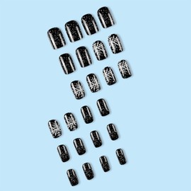 Snowflake Press on Nails Christmas Fake Nails Medium Square Christmas False Nails Full Cover Glossy Artificial Nails Black Acrylic Nails Winter Stick on Nails Xmas Glue on Nails for Women Manicure