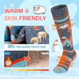 unenow Merino Wool Ski Socks Kids 2 Pairs, Winter Warm Snowboarding Thermal Socks for Boys Girls Toddlers