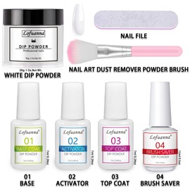 Lofuanna Dip Powder Nail Starter Kit, White Dipping Powder with Base/Top Coat/Activator/Brush Saver Dip Powder System, No Nail Lamp Required, French Dip Powder for DIY Dip Manicure Set