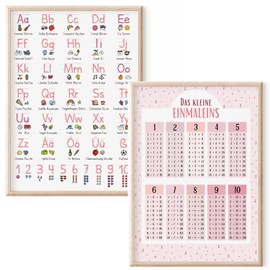 MeinBaby123® Set of 2 ABC Learning Posters Basic Writing and 1 x 1 Poster DIN A4 | Disposable Table Trainer for Children | Suitable for Kindergarten, Preschool, Primary School (Set of 2 - Pink A4)