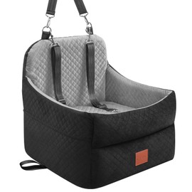 Dog Car Seat for Small/Medium Dogs Under 35lbs, Memory Foam Dog Booster Seats with Washable Removable Cover, Portable Travel-Safe Bed with 2 Safety Belts and Storage Pockets (Black/Grey, Medium)