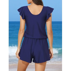 Smismivo - Mameluco de natación con brasier integrado y bolsillos, traje de baño modesto de una pieza de cobertura completa, Azul marino, S