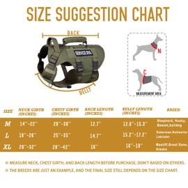 DNALLRINO Green Service Dog Harness for Large Dog, Mesh Breathable Dog Lift Harness with Military Molle Vest, Tactical Dog Harness with 39g Metal Buckle for Training Hiking Walking