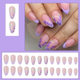 MouyouGlow Press on Nails Short, Almond Purple French Flowers Floral Fake Nails with Nail Glue, Purple Tips Flowers Summer INS Artificial Fingernails for Women and Girls