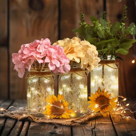 ysnn Set of 3 Mason Jar with Lights Blush Hydrangea Decorative Jars Flower Vase Farmhouse Table Centerpiece for Home Wedding Event Party Decor