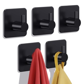 Auxmir Adhesive Hooks Heavy Duty 22lb(Max) Towel Hooks for Shower, 5 Pack Self Adhesive Damage Free Wall Hooks, Stainless Steel for Coat Robe, Waterproof Oilproof Rustproof for Bathroom Kitchen Office