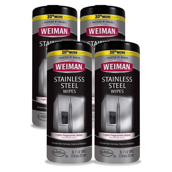 Weiman Stainless Steel Cleaner Wipes (4 Pack) Removes Fingerprints, Residue, Water Marks and Grease from Appliances - Works Great on Refrigerators, Dishwashers, Ovens, and Grills