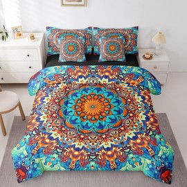 Boho Mandala Twin Comforter Set 7-Piece Art Deco Vintage Bedding Comforter Sets, Retro Bohemian Bed in a Bag Paisley Bedding Set, Oriental Medallion Bed Sheets Set Colorful Aesthetic Bedroom Decor