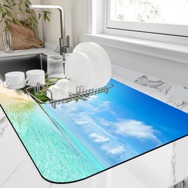 Beach Palm Trees Ocean Dish Drying Blue Sky Cloud Mat Kitchen Mat 16"x24" Bsorbent Coffee Maker Mat for Dishes Utensils Coffee Maker Pots and Pans Easy Clean Dish Slip Resistant Pad