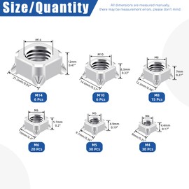Glarks 107pcs M4 M5 M6 M8 M10 M14 Square Welds Nut Set, Zinc Plated Silver Squares UNC Coarse Carbon Steel Machine Screw, Weld Nut, Square Weld Nuts for Industrial Machine