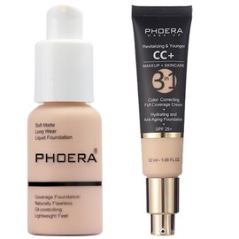 PHOERA Foundation Full Coverage,PHOERA CC Cream Color Correcting Anti Aging Hydrating Serum &SPF 25+,PHOERA Makeup Wrinkles Matte Natural Finish for a Flawless Complexion(101+100/Porcelain+Porcelain)