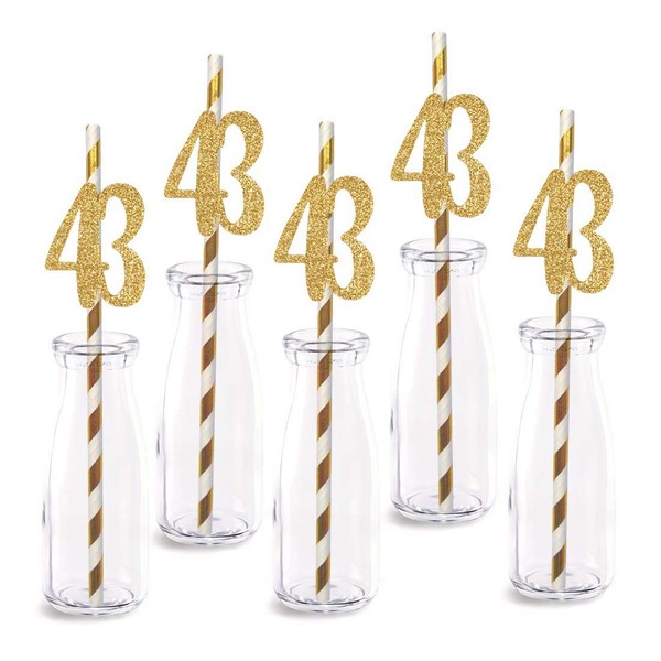 43rd Birthday Paper Straw Decor, 24-Pack Real Gold Glitter Cut-Out Numbers Happy 43 Years Party Decorative Straws