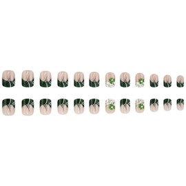24Pcs St. Patrick's Day Press on Nails Short Square Clover Rhinestone Fake Nails French Glitter Nails Full Cover Green Nude Nails Design Acrylic False Nails for Women Girls Nails Kit (K)