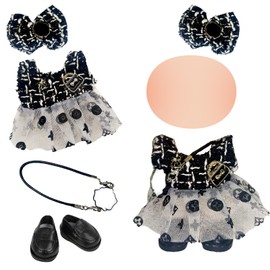 Pack of 4 Retro Fashion Doll Clothes for 17 cm Dolls, Plush Doll Clothes Outfit, Black Bow, Patterned Tulle Skirt, Camellia Pendant, Leather Shoes, Suitable for Girls and Collectors (Without Doll)