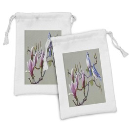 Ambesonne Magnolia Fabric Pouch Set of 2, Waxwing Sparrow Birds Perching on Branches of Flower Tree Watercolor Technique, Small Drawstring Bag for Toiletries Masks and Favors, 9" x 6", Multicolor