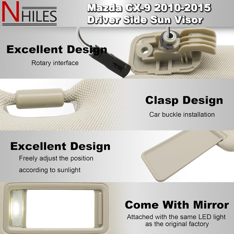 NHILES Left Driver Sun Visor Compatible with Mazda CX-9 2010-2015