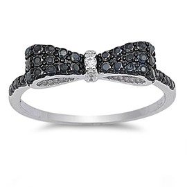 Black and Clear Cubic Zirconia Ribbon Bow Ring Sterling Silver Size 8
