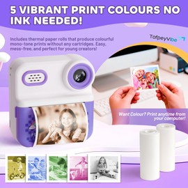 TofpeyVibe Kids Instant Print Camera – 48MP Dual Lens, 1080P Video, 5 Mono Colour Printing (Blue/Green/Yellow/Pink/Black), 2.4″ IPS Screen, 16× Digital Zoom, 64GB, Gift Camera for Ages 3–12