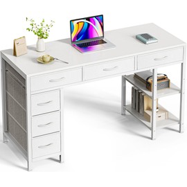 Huuger Computer Desk with 6 Drawers, 47 Inch Office Desk with Shelves, Reversible Gaming Desk, Corner Desk with Storage, Work Desk for Home Office, Study, Living Room, White