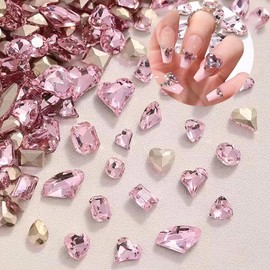 GOODCHI Nail Parts, Pink Stone, Aurora Stone, Acrylic Stone, Nail Parts, Glitter, Crystal, Heart Stone, Rhinestone, Cute Heart Shape, 0.3 inch (8 mm), 11 mm, 50 Pcs Nail Stone