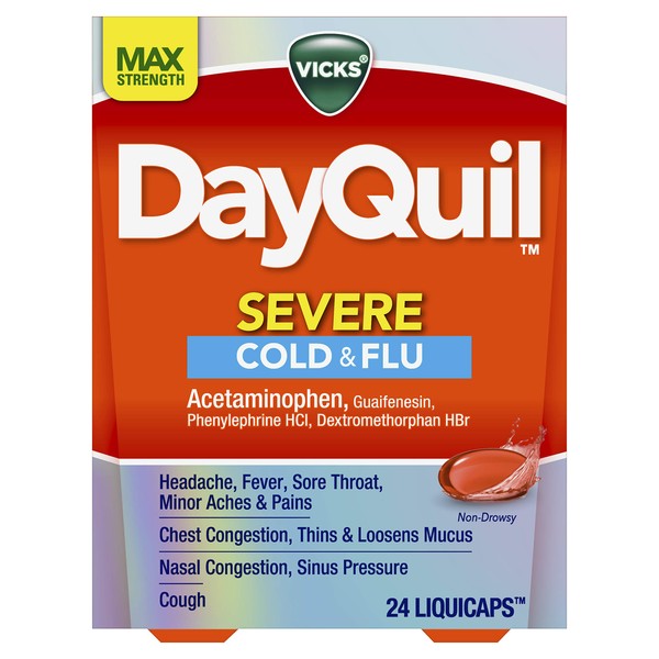Vicks DayQuil Severe Cold, Flu & Congestion Medicine, 24 Liquicaps, Maximum Strength, 24 Count, Orange