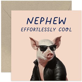 Old English Co. Funny Birthday Card for Nephew - 'Effortlessly Cool' Hilarious Male Birthday Card - Pig Birthday Card - Humorous Birthday Card for Him from Uncle Aunt | Blank Inside Envelope