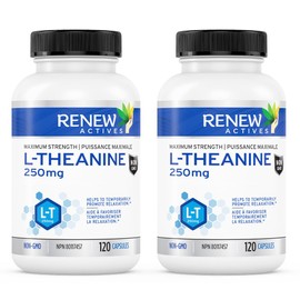 RENEW ACTIVES L-Theanine Supplements 250mg Per Serving - Promotes Relaxation, Mental Clarity, & Focus - Non-GMO, Vegan, Gluten-Free - Made in Canada - 120 Easy-to-Swallow Capsules (2pk)