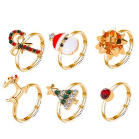 GIGB PBDK Christmas Rings for Women Cartoon Christmas Ring Set Christmas Tree/Jingle Bells/Santa/Elk Shape Rings Cute Knuckle Finger Rings Christmas Jewelry Gift (Set)