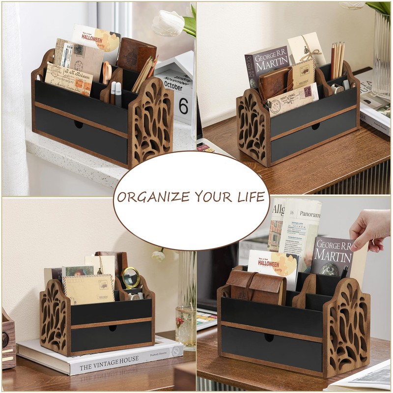 Dhmkfly Desk Organizer with Drawer Wood File Office Mail Organizer