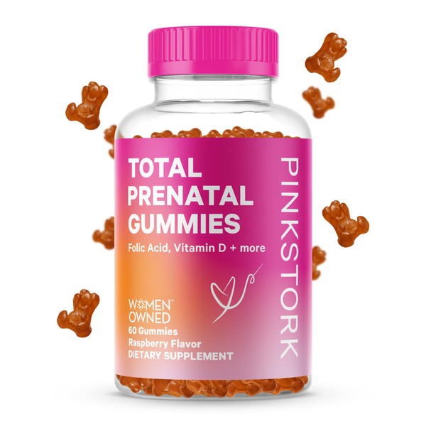 Pink Stork Total Prenatal Vitamin Gummies for Women with Folic Acid, Vitamin D, and Vitamin B6 to Support Fetal Development and Morning Sickness, Pregnancy Must Haves - Raspberry, 60 Count