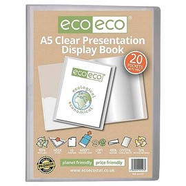 eco-eco eco127 A5 50% Recycled 20 Pocket Clear Presentation Book Storage Box Portfolio Art Folder with Plastic Sleeves - Clear