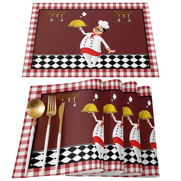 LBCASA Kitchen Chef with Gourmet Placemats Set of 6, Red